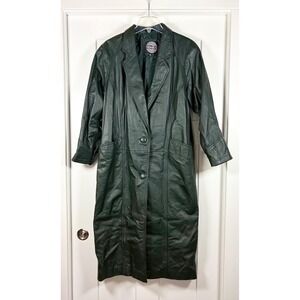 Vintage 80s Nimbus Green Long Leather Trench Coat Old Money Matrix Women's S